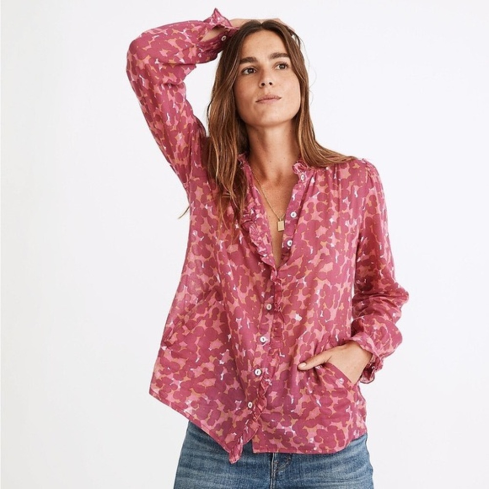 Banjanan Pink Multi Print Ruffle Button-Down Shirt